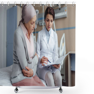 Personality  Worried Female Doctor Holding Diagnosis And Consulting Upset Senior Woman With Cancer In Hospital Shower Curtains
