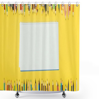 Personality  Top View Of Frame Of Colorful Pencils Isolated On Yellow Background With Notebook Shower Curtains