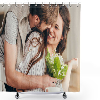 Personality  Close-up Shot Of Young Man Presenting Flowers Bouquet To Girlfriend Shower Curtains