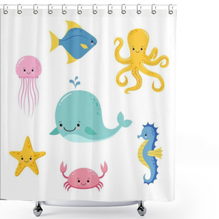 Personality  Cute Baby Sea Fishes. Vector Cartoon Underwater Animals Collection. Jellyfish And Starfish, Ocean And Sea Life Illustration Shower Curtains