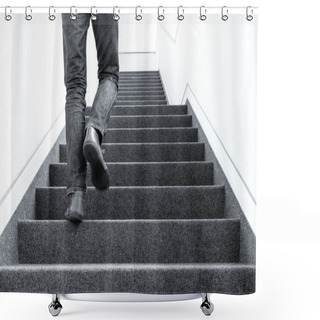 Personality  Black And White Low Angle Picture Of One Man Walking Upstairs On Staircase Indoors Shower Curtains