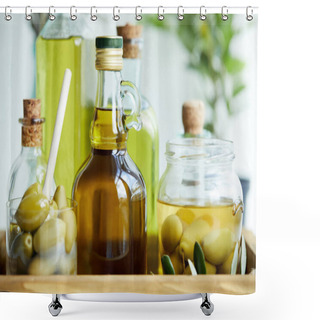 Personality  Glass With Spoon And Green Olives, Jar, Various Bottles Of Aromatic Olive Oil With And Branches On Wooden Tray Shower Curtains