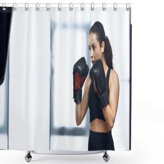 Personality  Sportive Woman In Boxing Gloves Exercising In Gym  Shower Curtains