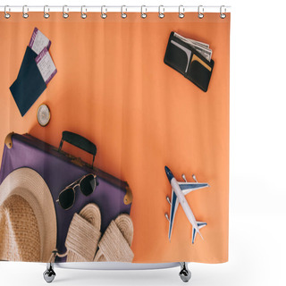 Personality  Top View Of Summer Accessories On Travel Bag, Plane Model, Wallet And Passports With Tickets On Orange Background Shower Curtains