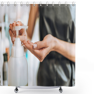 Personality  Close-up Partial View Of Young Hairstylist Holding Lotion In Beauty Salon Shower Curtains
