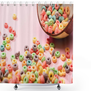 Personality  Selective Focus Of Bright Colorful Breakfast Cereal Scattered From Bowl On Pink Background Shower Curtains