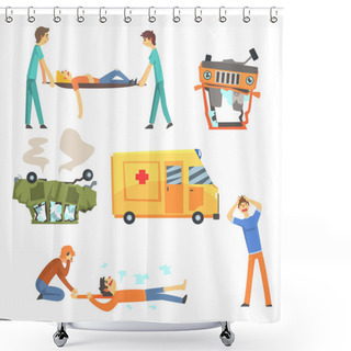 Personality  Car Road Accident Resulting In People Health Damage And Ambulance Helping The Victims Set Of Stylized Cartoon Illustrations Shower Curtains