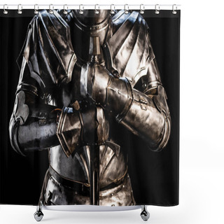 Personality  Cropped View Of Knight In Armor Holding Sword Isolated On Black  Shower Curtains