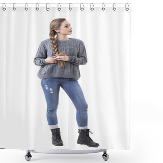 Personality  Morning Routine Concept. Young Woman Making Or Creating Hair Braid By Herself Looking Away. Full Body Isolated On White Background.  Shower Curtains