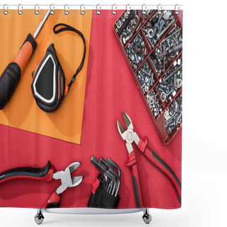 Personality  Top View Of Tool Box With Pliers And Hex Keys On Orange And Red Surface Shower Curtains