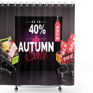 Personality  Small Presents In Toy Shopping Carts Near Placard With Up To 40 Percent, Autumn Sale Lettering And Sale Tag On Dark Background Shower Curtains