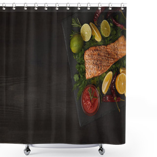 Personality  Top View Of Grilled Salmon Steak, Pieces Of Lime And Lemon And Sauce On Black Surface Shower Curtains