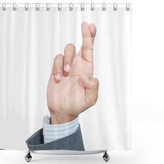 Personality  Business Man's Finger Crossed Hand Sign Isolated On White Shower Curtains