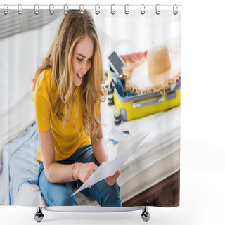 Personality  Attractive Girl Looking At Map While Sitting On Bed With Suitcase Shower Curtains