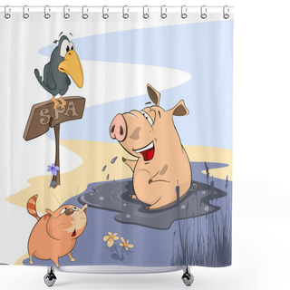 Personality  Crow And Cat Looking At Pig In Puddle Shower Curtains