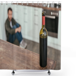 Personality  Selective Focus Of Wine Bottle On Table And Man Sitting On Kitchen Floor Shower Curtains