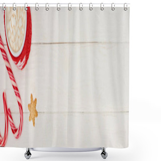 Personality  Top View Of Christmas Candy Canes, Cookie And Cup Of Cocoa With Marshmallows On White Wooden Table  Shower Curtains