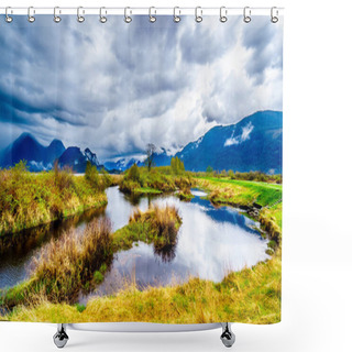 Personality  Dark Rain Clouds On A Cold Spring Day At Over The Pitt River And The Lagoons Of Pitt-Addington Marsh In Pitt Polder Near Maple Ridge In British Columbia, Canada  Shower Curtains