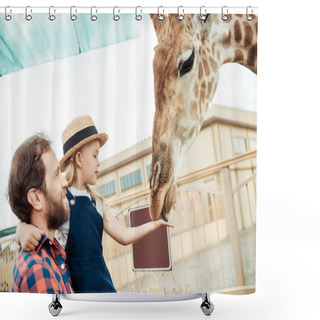 Personality  Family Feeding Giraffe In Zoo Shower Curtains