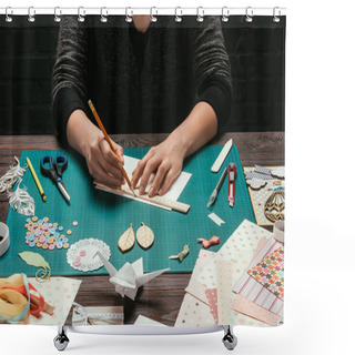 Personality  Cropped Image Of Designer Measuring Space For Scrapbooking Greeting Postcard On A Sheet Of Paper Shower Curtains