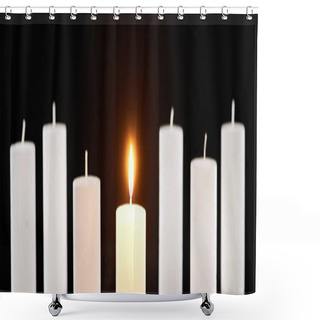 Personality  Selective Focus Of Burning White Candles Glowing Near Another Isolated On Black, Panoramic Shot Shower Curtains