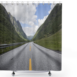 Personality  Empty Roads Running Through Spectacular Landscapes, Roads Near The Northern Fjords, Incredible Mountains, Snowy Peaks, Abundant Vegetation Shower Curtains
