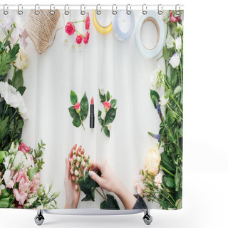 Personality  Cropped View Of Female Hands Holding Berries Over Boutonnieres And Lipstick Surrounded By Flowers On White Background Shower Curtains