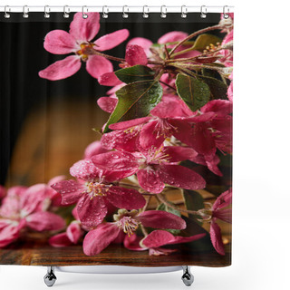 Personality  Close-up Shot Of Beautiful Pink Cherry Blossom Lying On Wooden Surface Shower Curtains