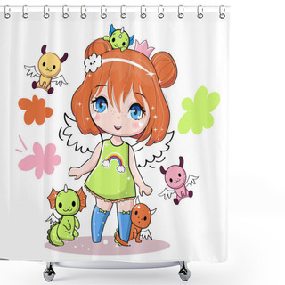 Personality  Cute Cartoon Anime Girl Princess With Funny Dragons. Vector Illustration Print For Children T-shirt Shower Curtains