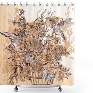Personality  Floral Background With Luxury Bouquet Of Flowers And Humming Bir Shower Curtains