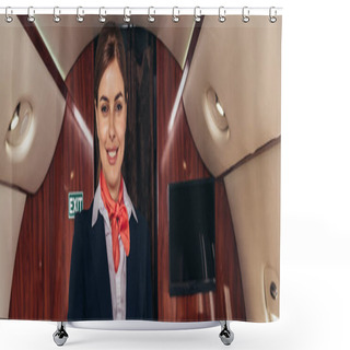 Personality  Panoramic Shot Of Smiling Flight Attendant In Uniform In Private Plane  Shower Curtains