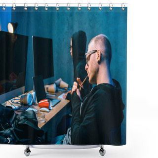 Personality  Side View Of Hacker Working On Malware With Accomplice And Smoking Shower Curtains