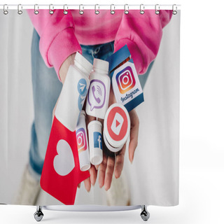 Personality  Overhead View Of Girl Holding Containers With Social Media Logos And Red Paper Cut Card With Heart Symbol On Grey Background Shower Curtains