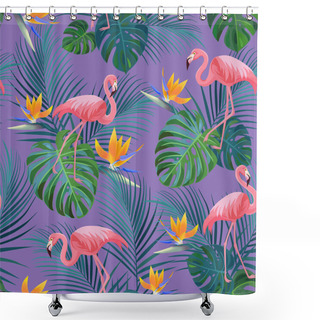 Personality  Trendy Tropical Pattern With Flamingos And Exotic Flowers. Vector Seamless Texture. Shower Curtains