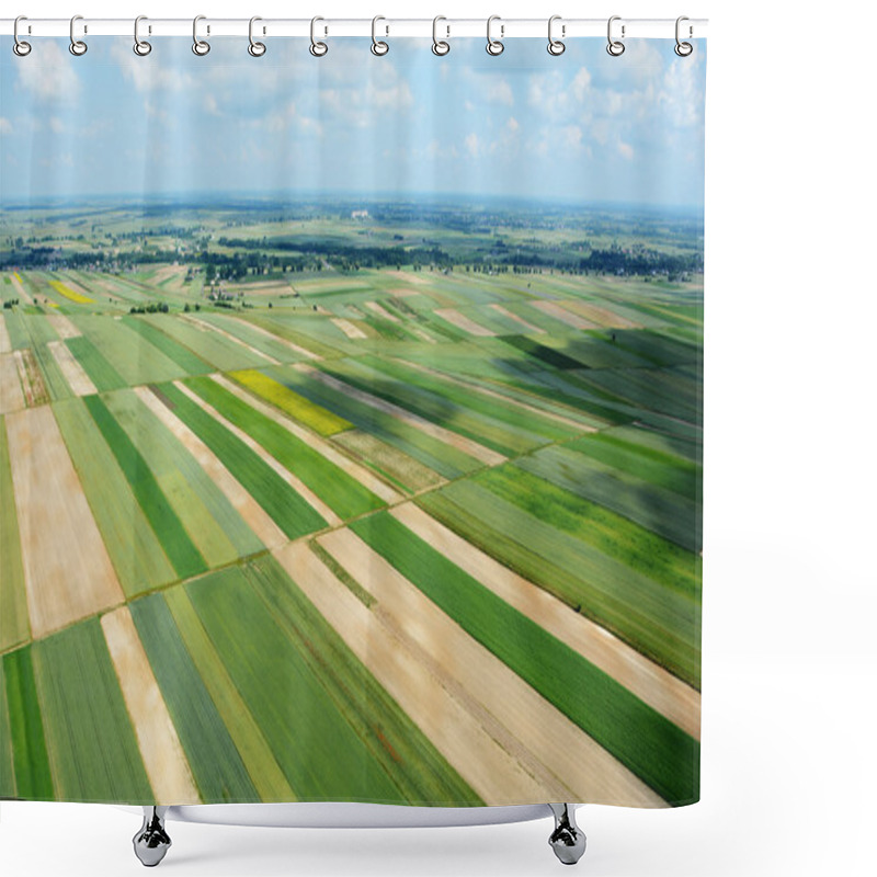 Personality  Aerial View Of The Countryside With Village And Fields Of Crops  Shower Curtains