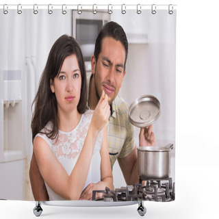Personality  Attractive Couple Cooking Together Unpleasant Meal Shower Curtains