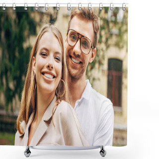 Personality  Close-up Portrait Of Smiling Young Couple In Stylish Clothes Looking At Camera Shower Curtains