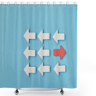 Personality  Top View Of Red Pointer Opposite White Arrows In Rows On Blue Background Shower Curtains