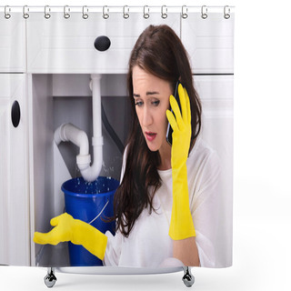 Personality  Sad Young Woman Calling Plumber In Front Of Water Leaking From Sink Pipe Shower Curtains