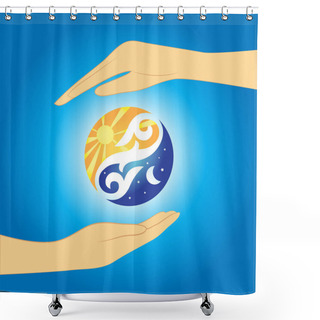 Personality  Hands Hold A Ball In Which Day And Night Are In Balance. The Ball Is Decorated With National Ornaments. Shower Curtains