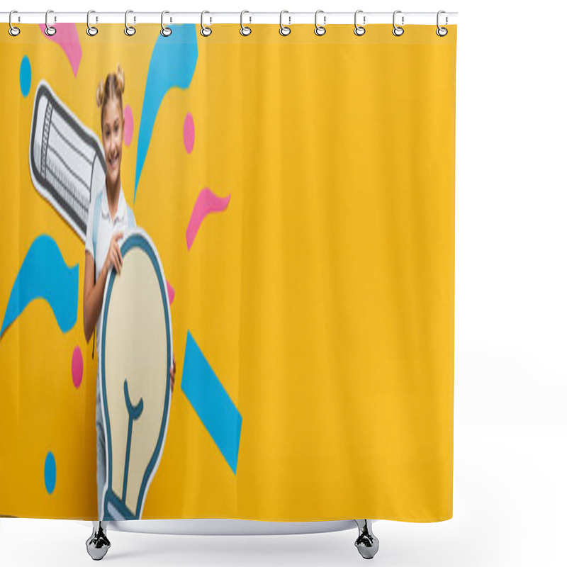 Personality  Horizontal Crop Of Schoolgirl Holding Decorative Light Bulb Near Paper Art On Yellow Background Shower Curtains