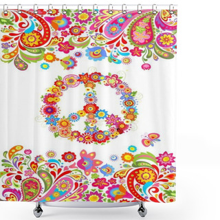 Personality  Shirt Print On White Background With Colorful Floral Summery Border And Hippie Peace Flowers Symbol Shower Curtains