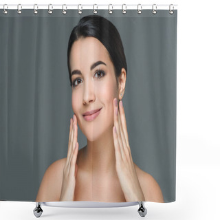 Personality  Portrait Of Brunette Smiling Woman Looking At Camera Isolated On Grey Shower Curtains