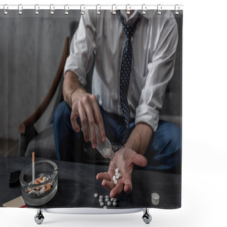 Personality  Businessman With Drug Addiction Pouring Pills On Hand From Bottle Shower Curtains