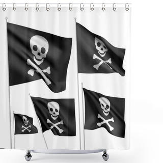 Personality  Pirates Vector Flags - Simple Version Of Jolly Roger. A Set Of Black Wavy 3D Flags With Flagpoles Isolated On White Background, Created Using Gradient Meshes Shower Curtains