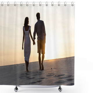 Personality  Silhouettes Of Man And Woman Holding Hands While Walking On Beach Against Sun During Sunset Shower Curtains