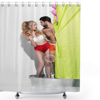 Personality  Shocked Pin Up Woman And Bearded Man Looking At Each Other Near Shower Curtain On White Shower Curtains