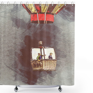 Personality  Flight At Colorful Hot Air Balloon, Art, Ilustration, Vintage, Retro, Antique, Model, Miniature Shower Curtains