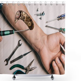 Personality  Cropped View Of Man Fixing Hand With Screwdriver Shower Curtains