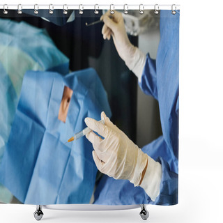 Personality  Woman In Hospital Gown Holds A Syringe. Shower Curtains